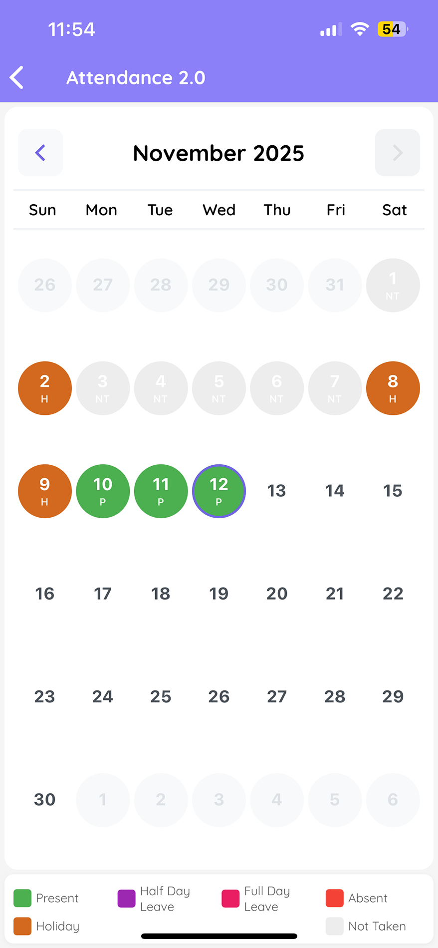 TedQu app — attendance calendar